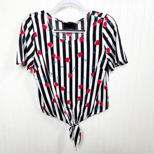 Cynthia Rowley NEW Black & White Stripe Cherry Print Tie Front Short Sleeve Top